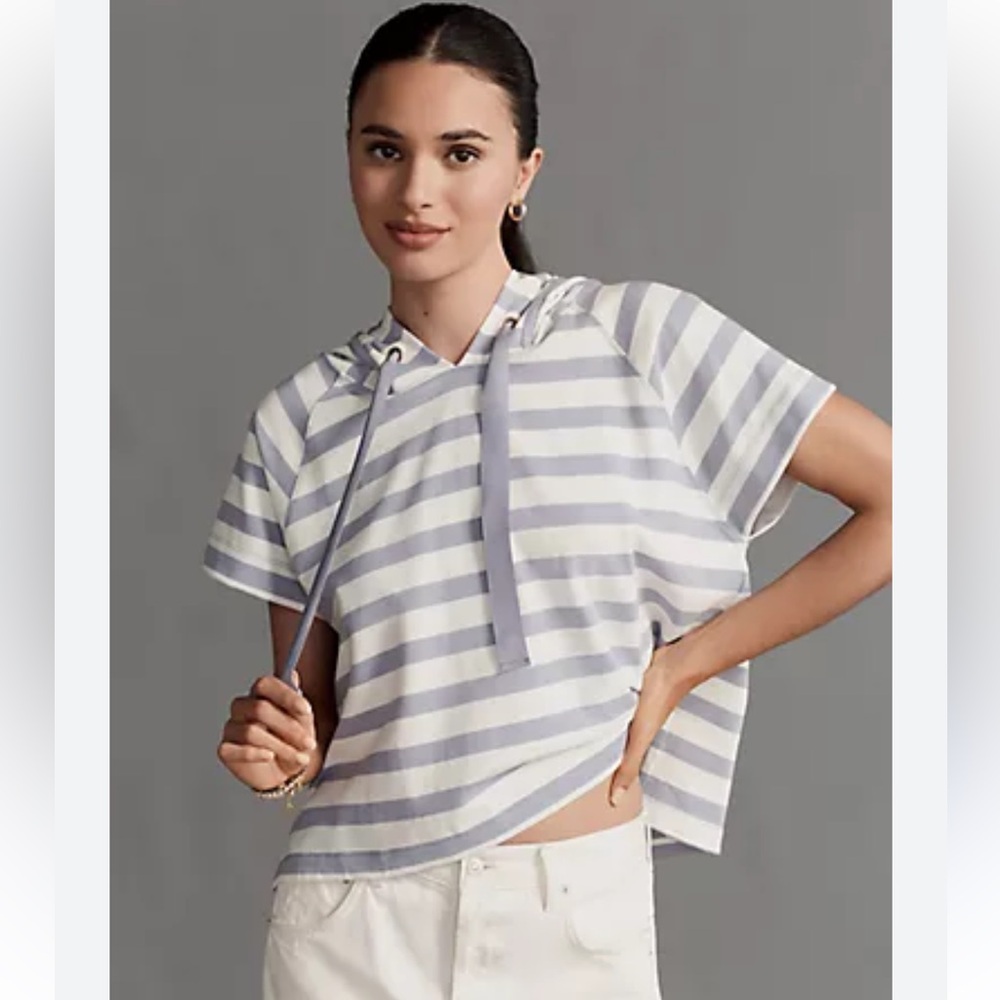 Anthropologie Maeve Boxy Striped Short-Sleeve Hoodie Size XS